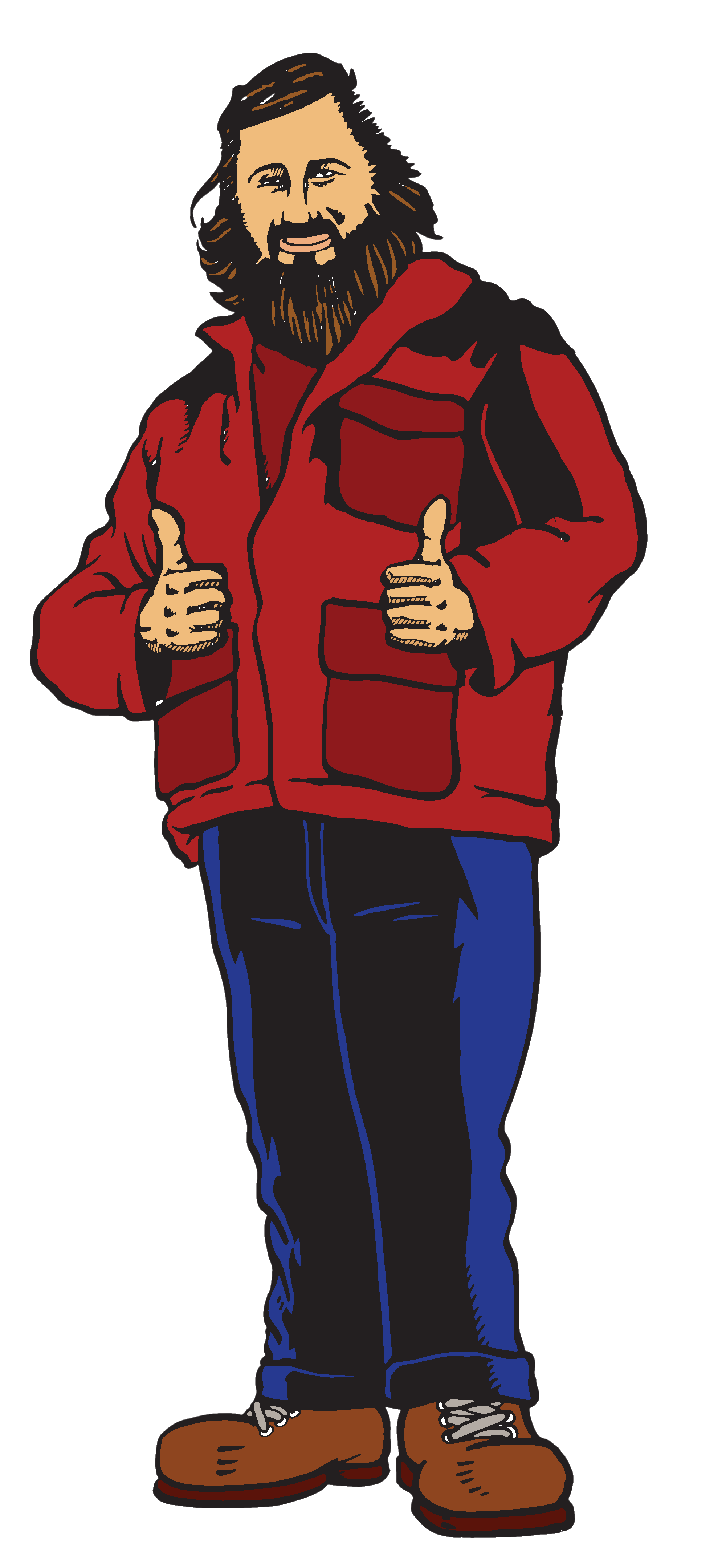Illustration of a man with long hair and a beard, wearing a red jacket, blue jeans, and brown shoes, giving two thumbs up and smiling.