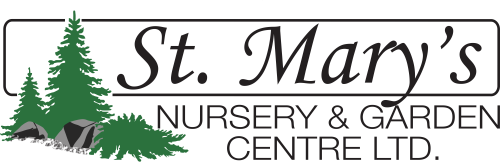 Logo for St. Mary's Nursery & Garden Centre Ltd. featuring green trees and a rock on a black background.