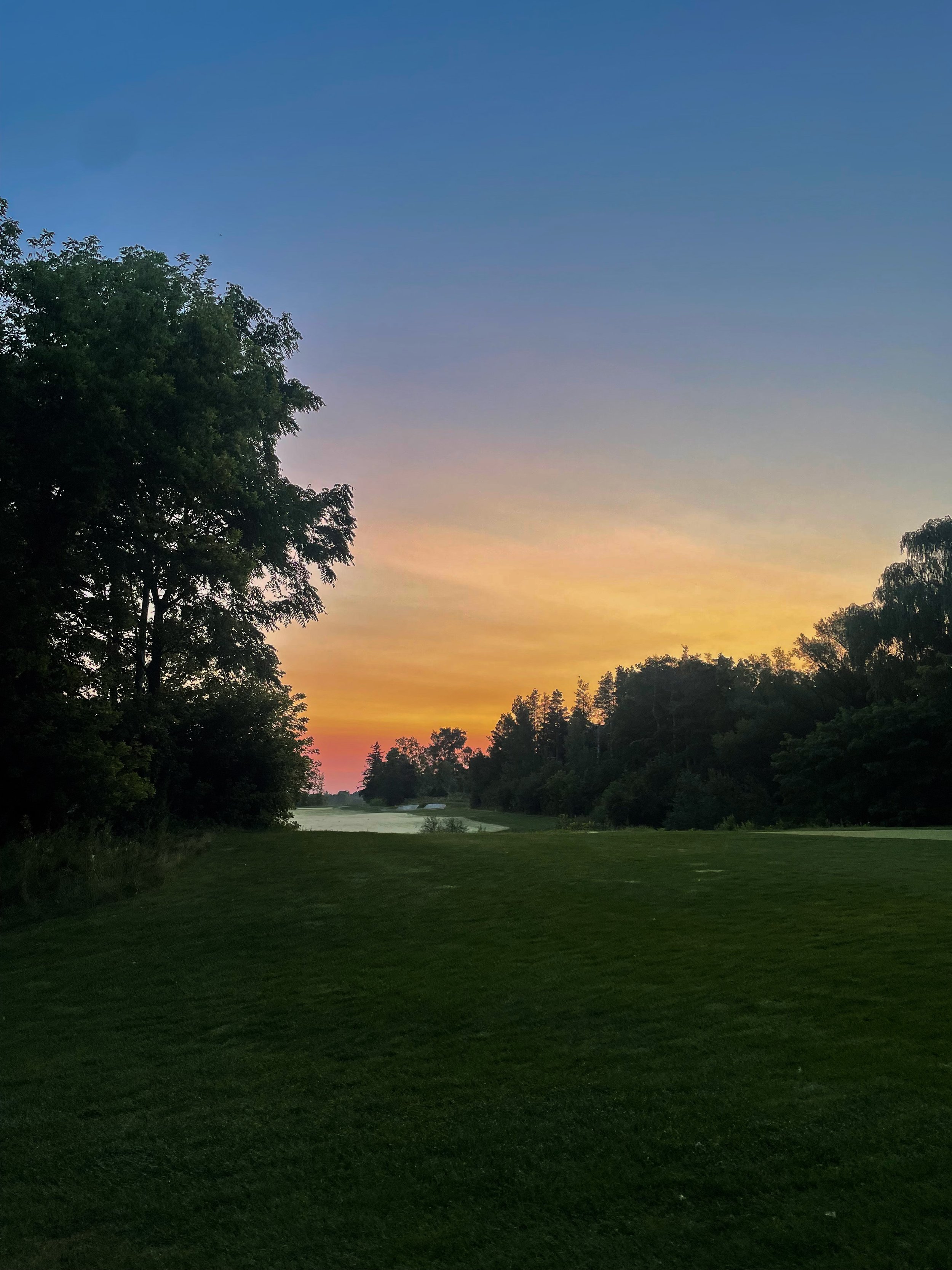 Sunset over a grassy landscape with trees on both sides, a river in the distance, and a colorful sky transitioning from orange to blue.