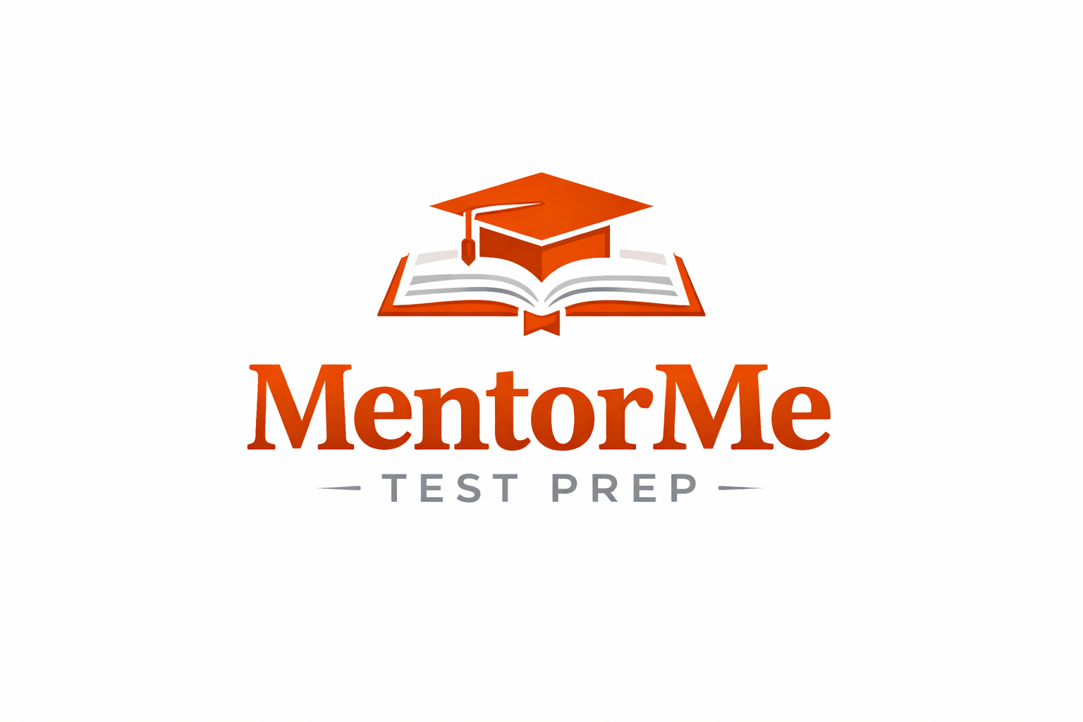 Logo for MentorMe Test Prep featuring a graduation cap, an open book with a ribbon, and text 'MentorMe' in bold orange and 'Test Prep' in gray.