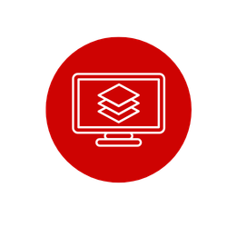 Icon of a computer monitor with layered stack symbols inside, on a red circular background.