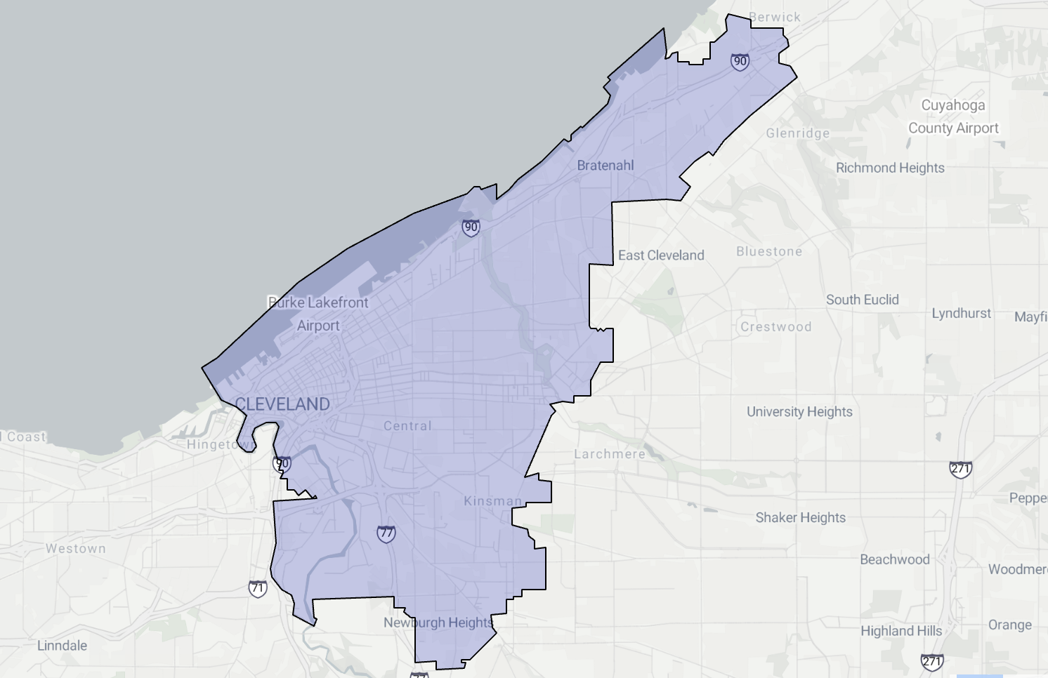 Map of Cleveland, Ohio with a highlighted area covering the city and parts of neighboring neighborhoods, including Cleveland Airport and Lakefront. Highways such as I-90 and I-71 are visible.