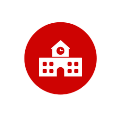 School building icon with a clock on the roof, inside a red circle