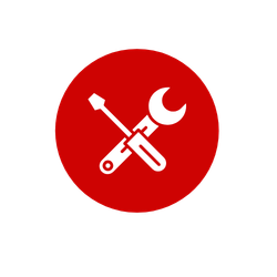 Red circular icon with white tools including a screwdriver and wrench crossed, and a wrench with a hammer inside