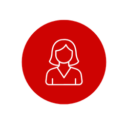 Icon of a woman with shoulder-length hair on a red circular background.