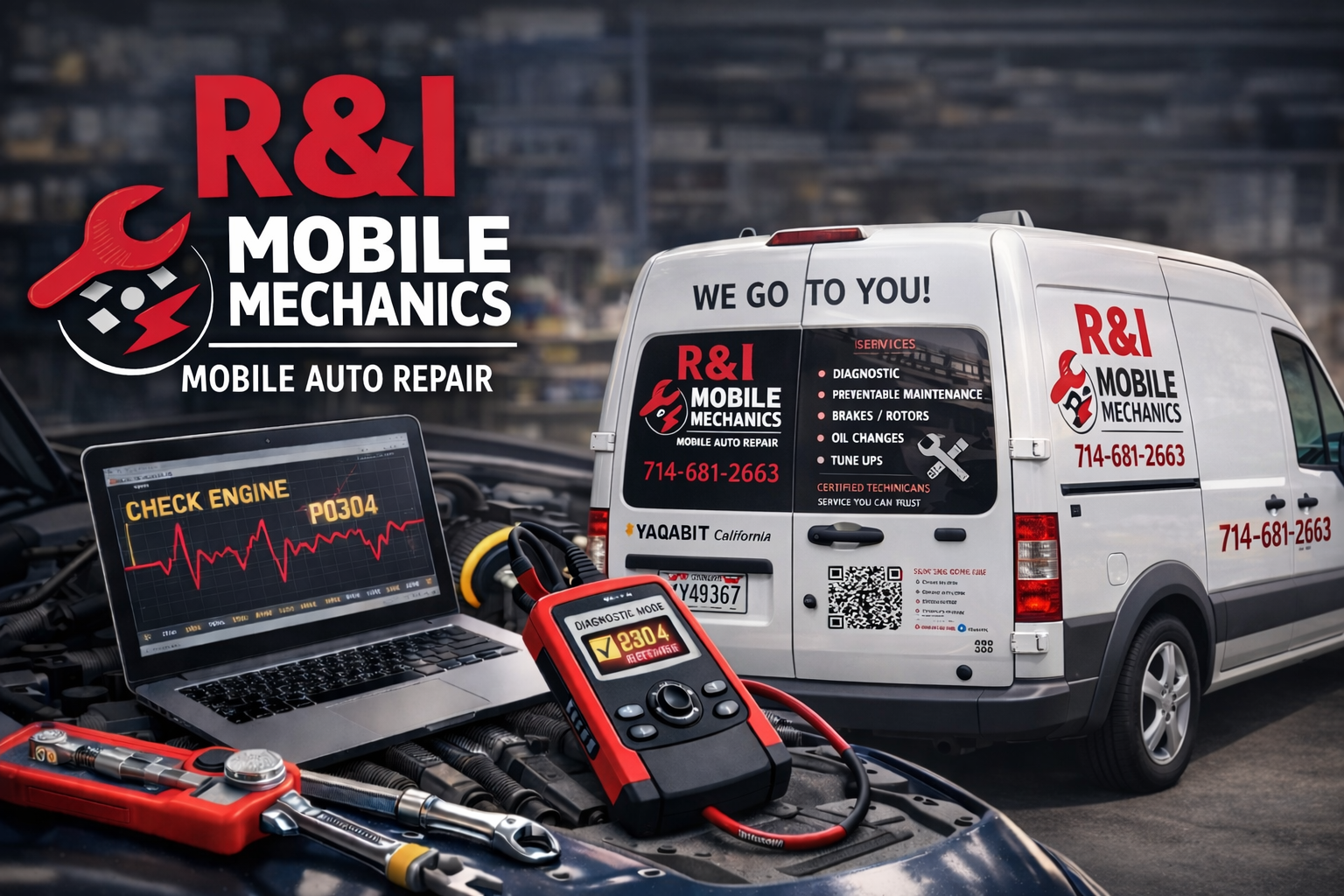A mobile auto repair van with the logo and contact information of R&I Mobile Mechanics, surrounded by diagnostic tools including a laptop displaying engine check data and a handheld diagnostic device.