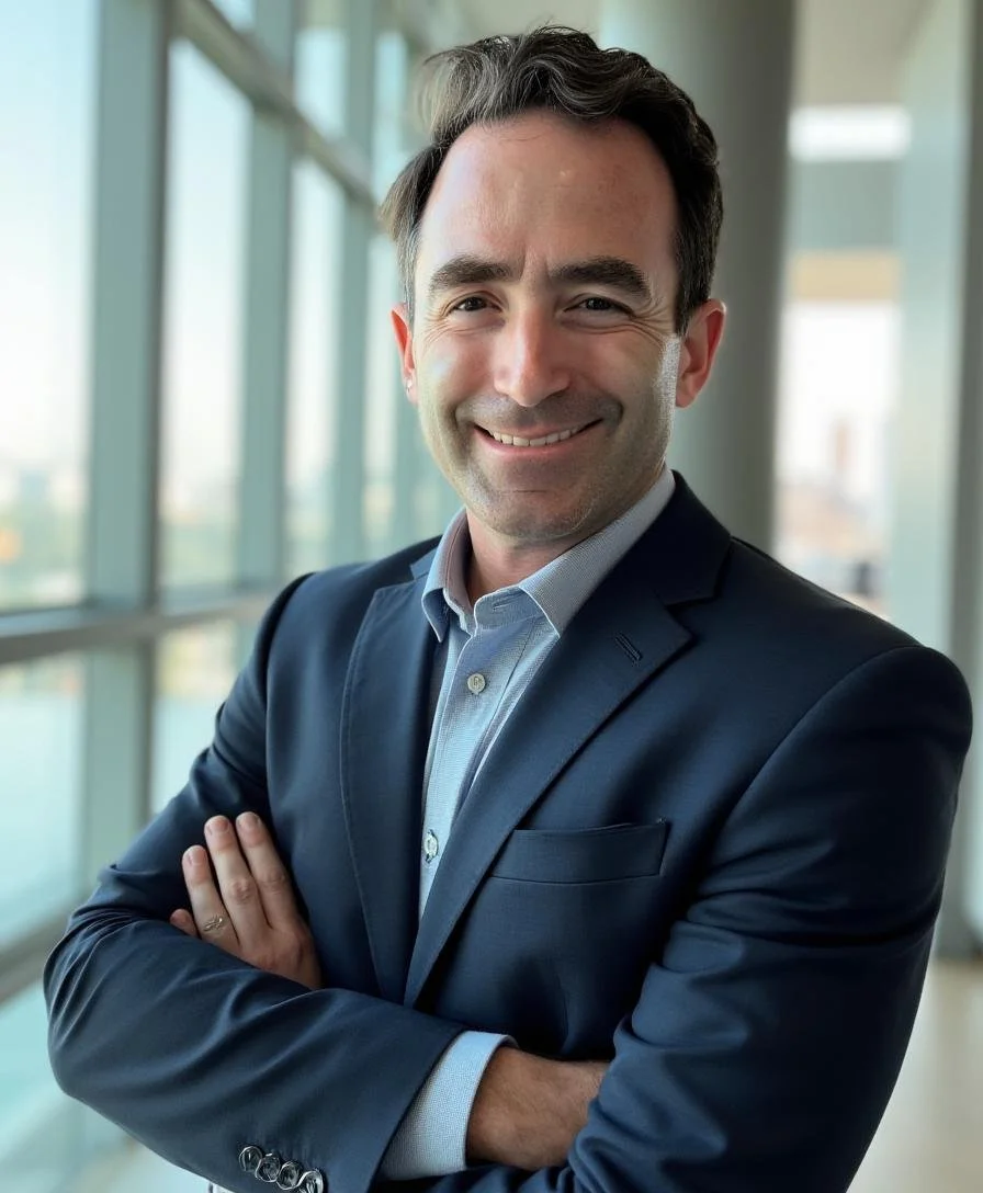 A smiling man in a business suit with arms crossed inside a modern office building with large windows.