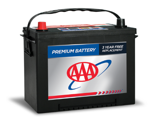 Black automobile battery with red and black terminals, labeled 'AAA' and 'Premium Battery' with a blue and white background, indicating 3-year free replacement.