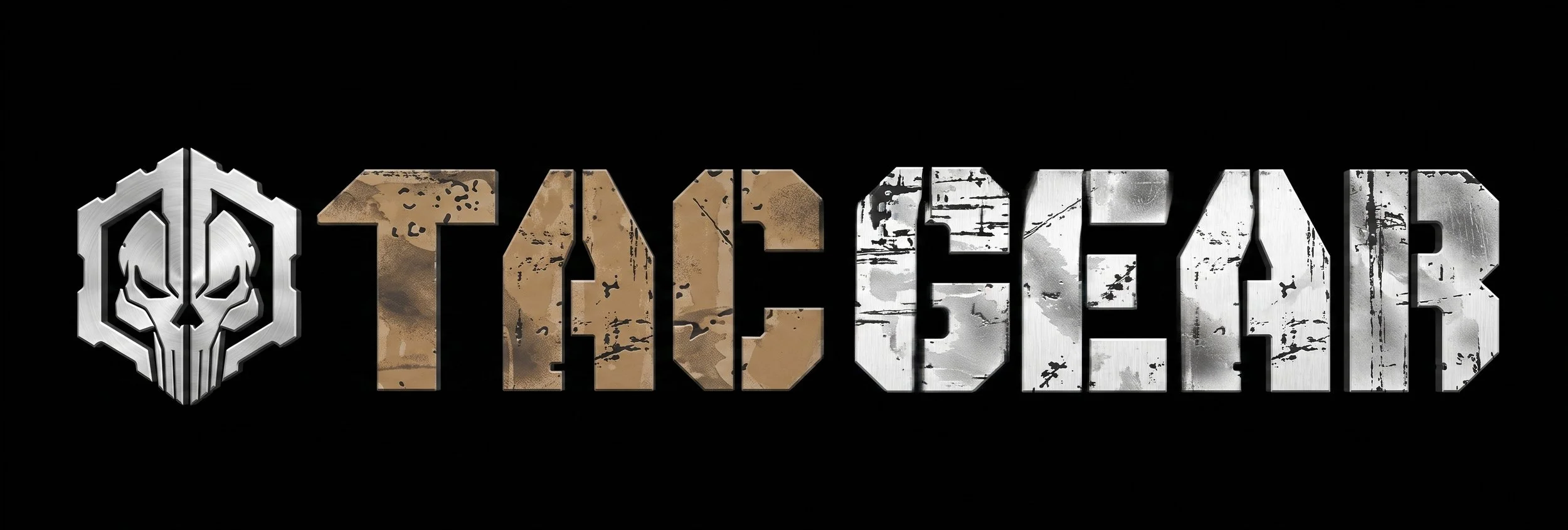Logo for TAC GEAR, with a skull emblem on the left and the title in distressed metallic letters on the right.