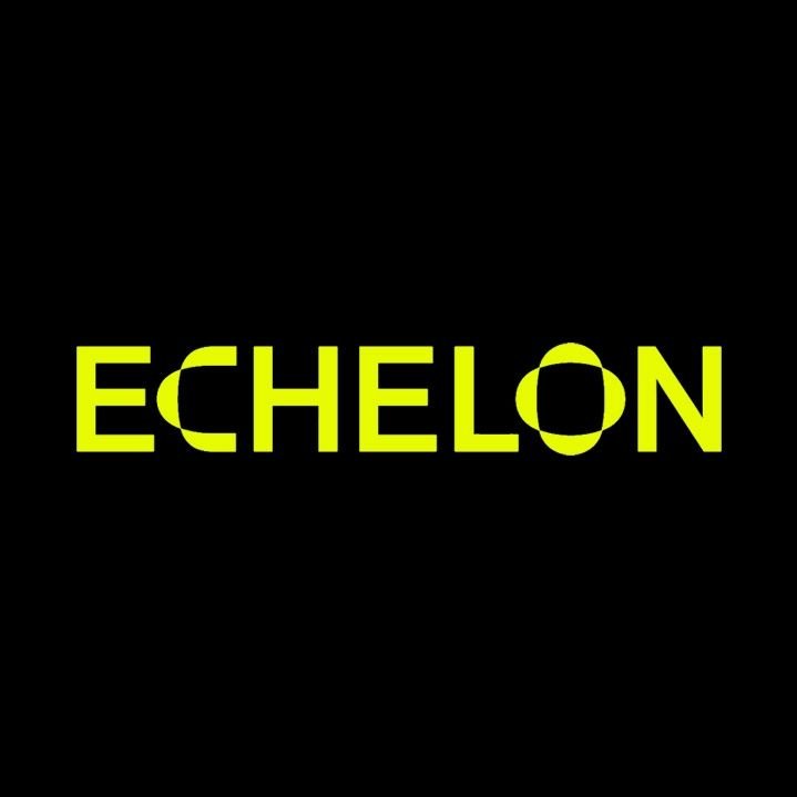 The image features a black background with the word "ECHELON" written in bright yellow uppercase letters. The lettering has a stylized, segmented design.