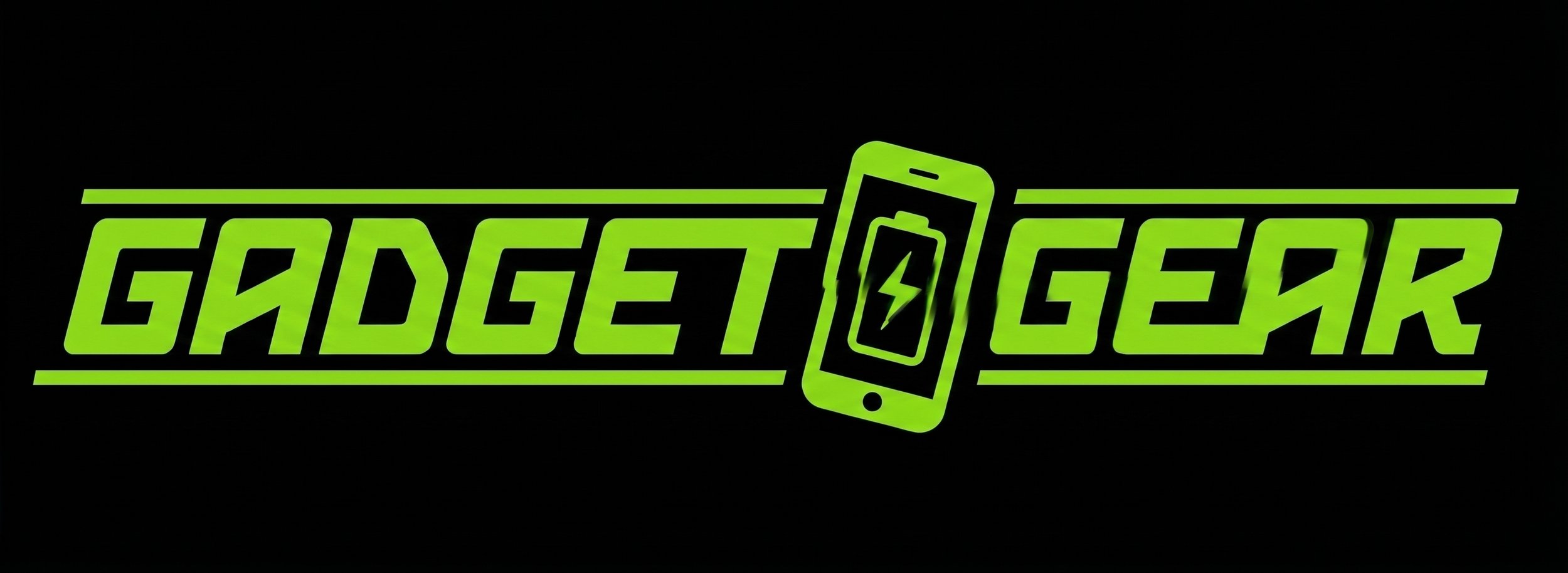 Bright green logo with the words "Gadget Gear" in stylized font, integrated with a smartphone graphic and a lightning bolt symbol on the phone screen.