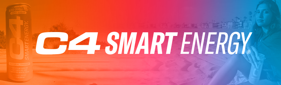 A can of C4 Smart Energy drink on the left, with the logo prominently displayed. The background features an outdoor setting with a gradient of warm and cool colors, blending from orange to blue, and a young woman sitting by the beach holding a can, with palm trees and buildings in the distance.
