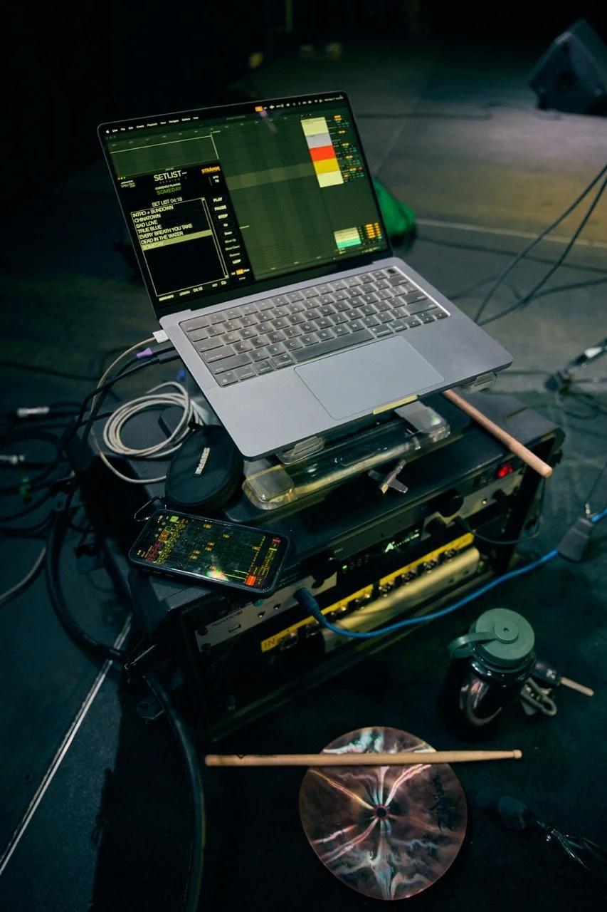 Miles Johnson's playback rig with a MacBook Pro, PlayAUDIO1U, UAD Apollo Twin and Audient ID44, at DC Music in Toronto.