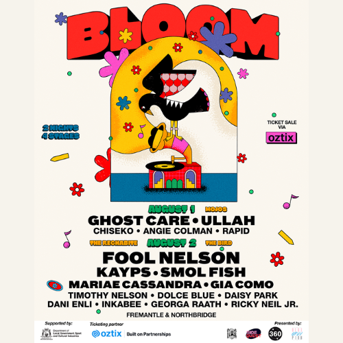 A colorful poster advertising a comedy show with a cartoon dog holding a microphone, large red 'BLOOM' text at the top, and details about the performers and tickets.