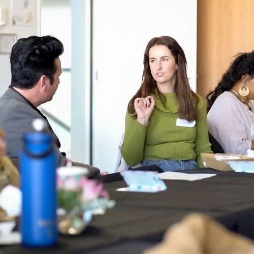 Woman in a green sweater gesturing while talking to a man at a table during a meeting or seminar.