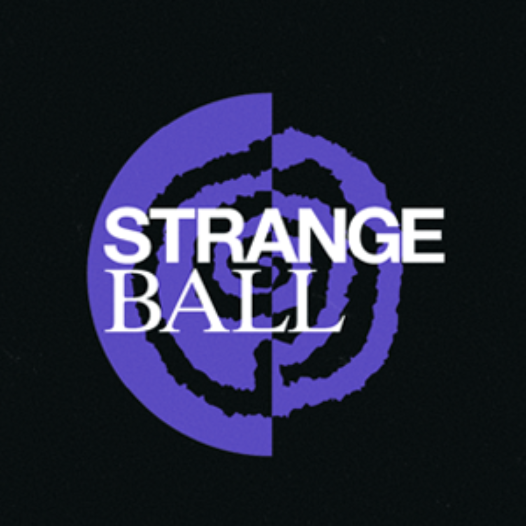 Title screen for Strange Ball with a black background and a purple circular target design, with the words 'Strange Ball' in bold white font.