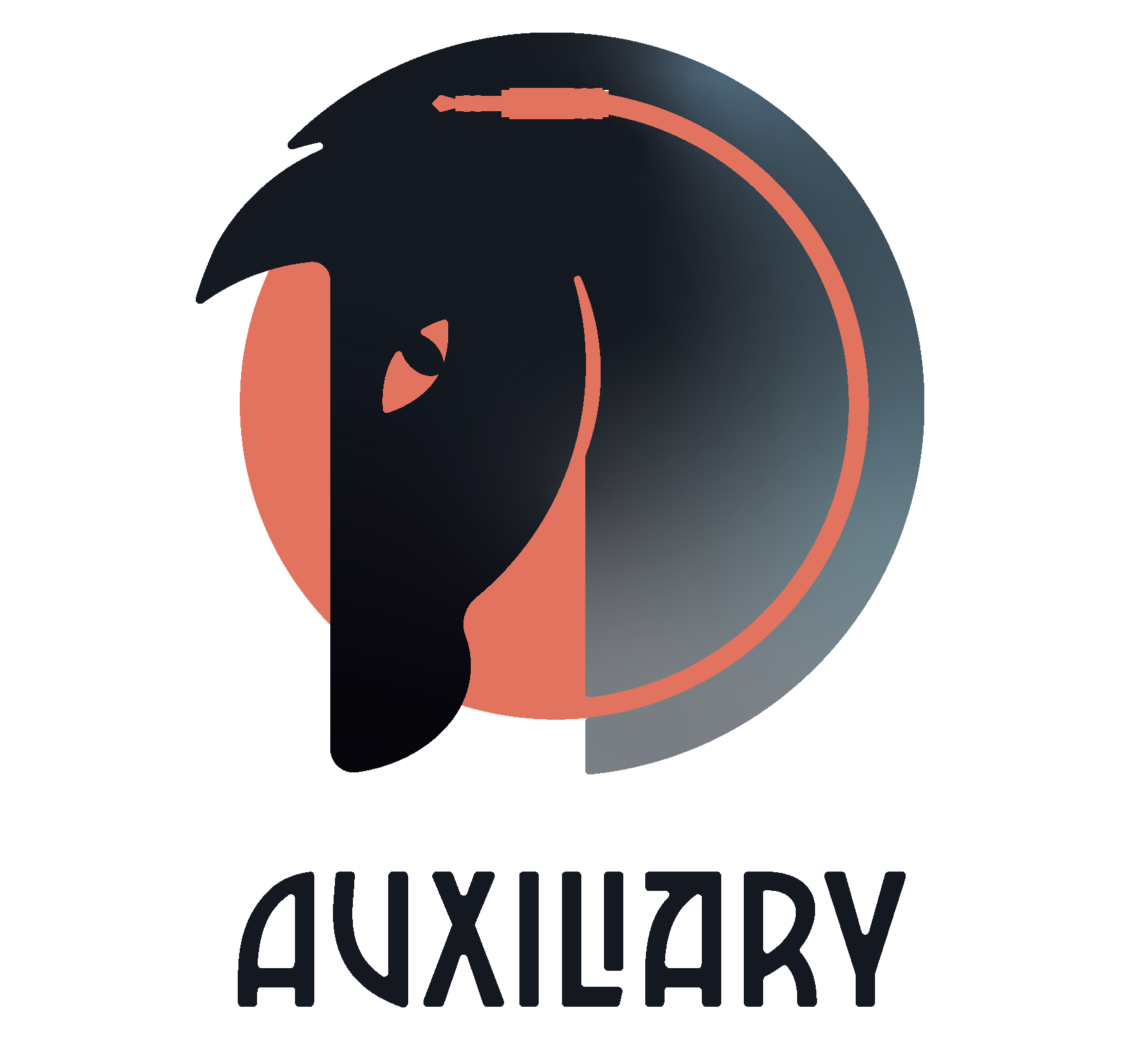 A logo with a stylized head silhouette and a circular element, with the words 'AUXILIARY' underneath.