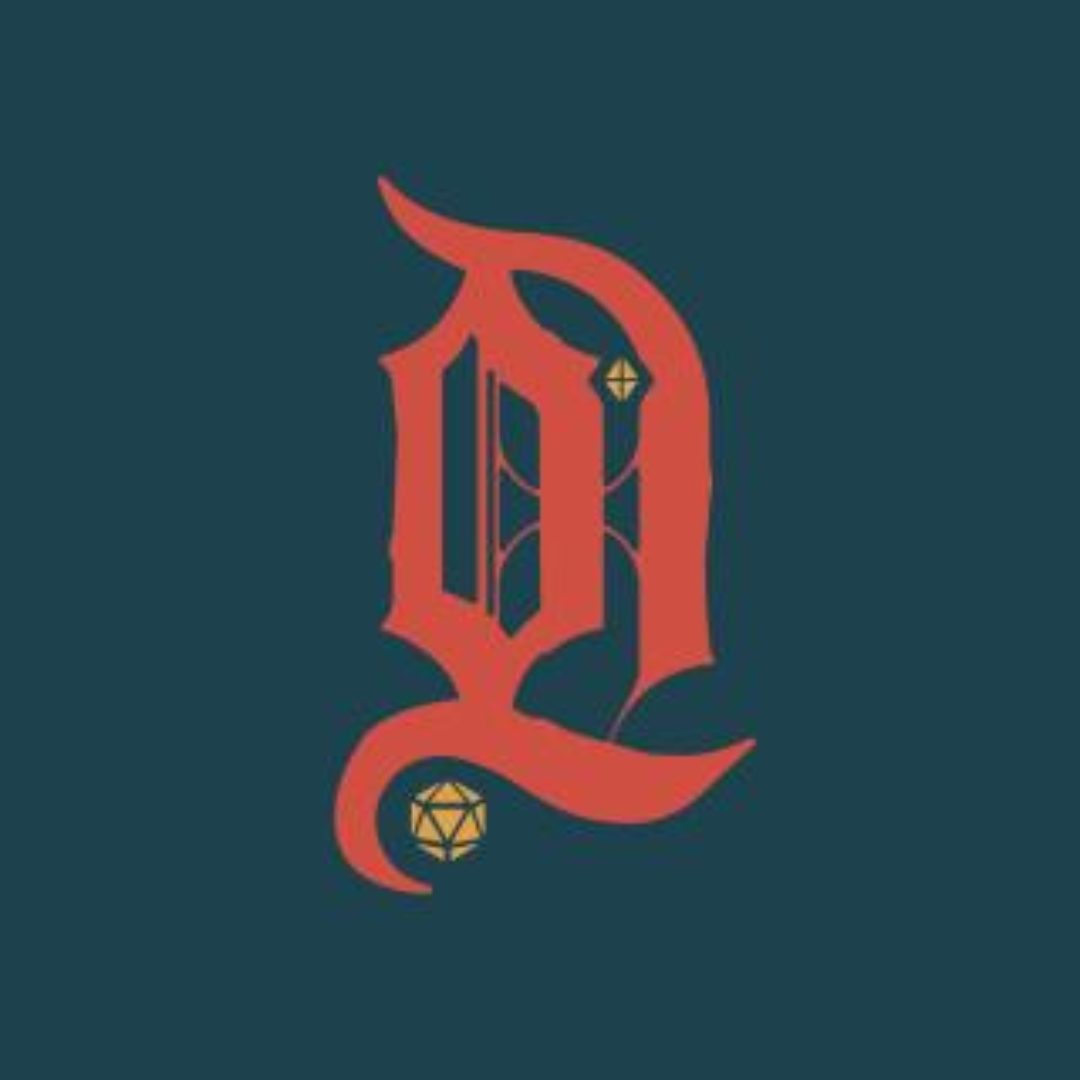 A stylized letter 'D' in red with gothic design elements, featuring two yellow geometric shapes resembling dice, set against a dark background.