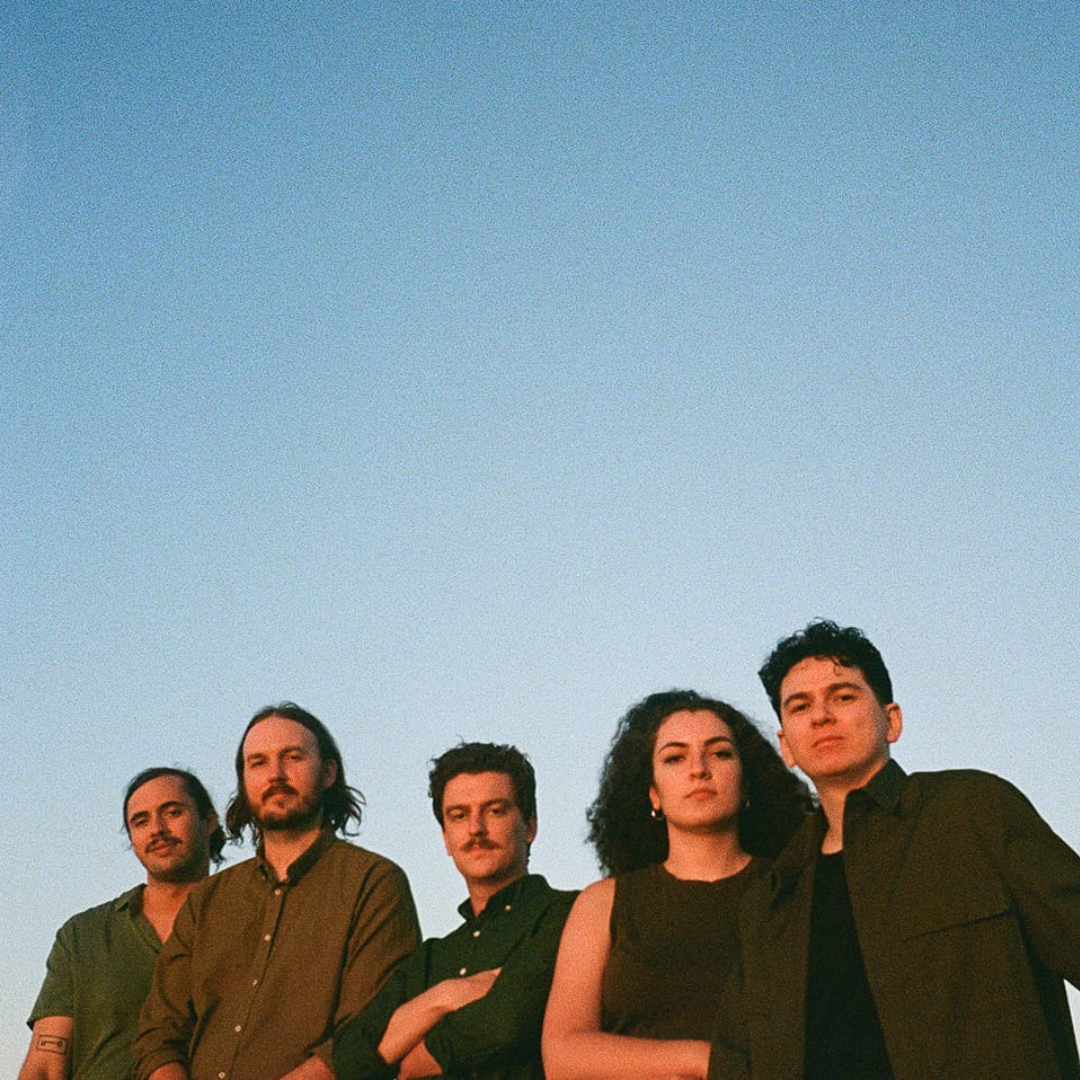 Group of five young adults standing outdoors during sunset against a clear sky.