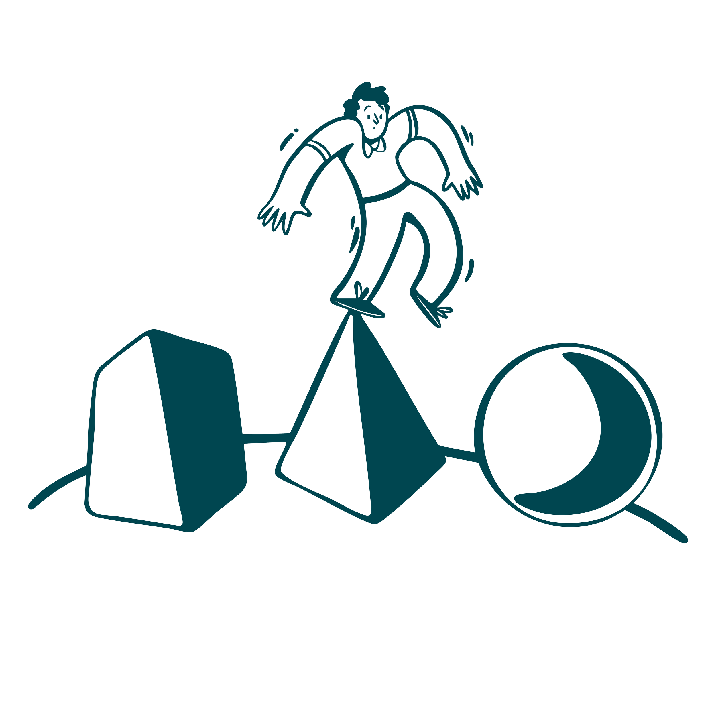 A line drawing of a man balancing on a geometric structure composed of various shapes, with a large ring nearby.