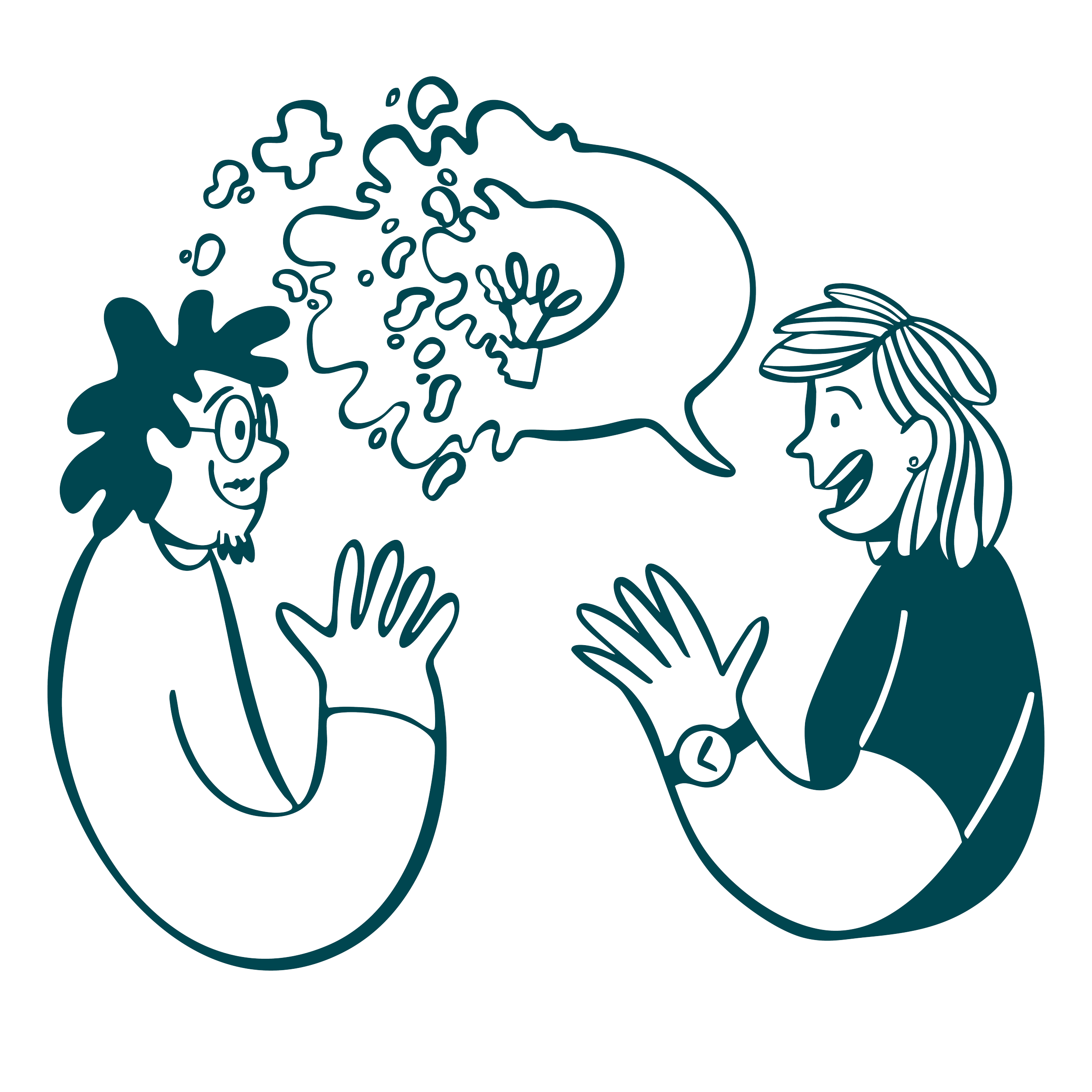 Two people talking with happy expressions, one has glasses and curly hair, the other with straight hair, engaging in a conversation with a speech bubble showing a brain.