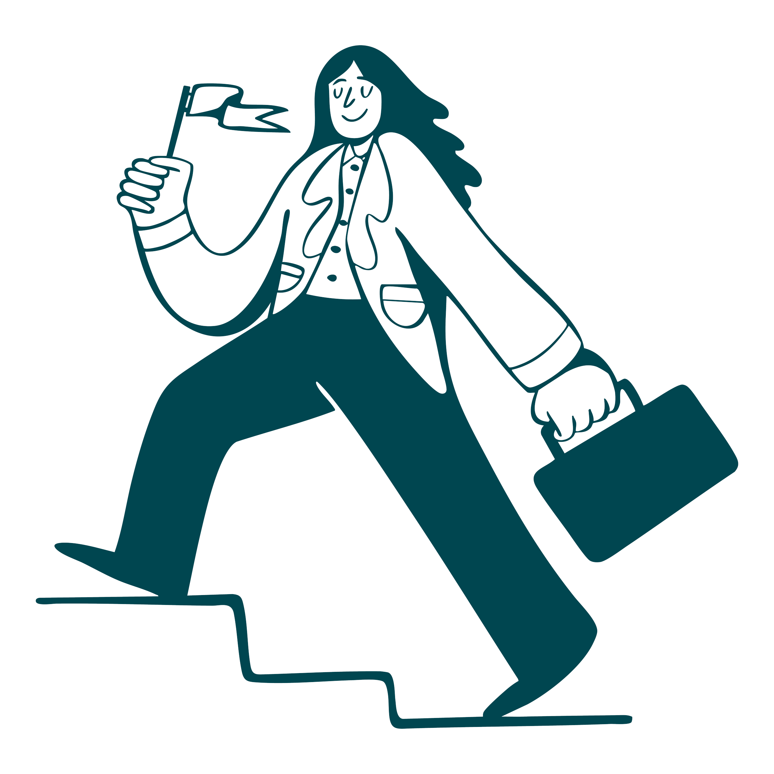 A cartoon-style line drawing of a woman in business attire walking up steps while holding a briefcase in one hand and a small flag in the other.