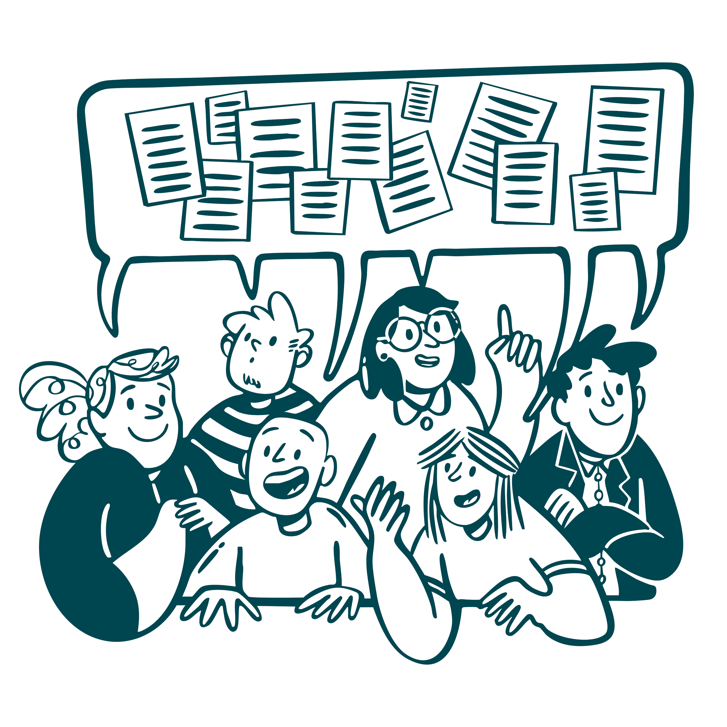 Drawing of five children gathered around a person with glasses, who is pointing upward. They are all smiling and discussing documents with charts, graph, and sticky notes in speech bubbles above.