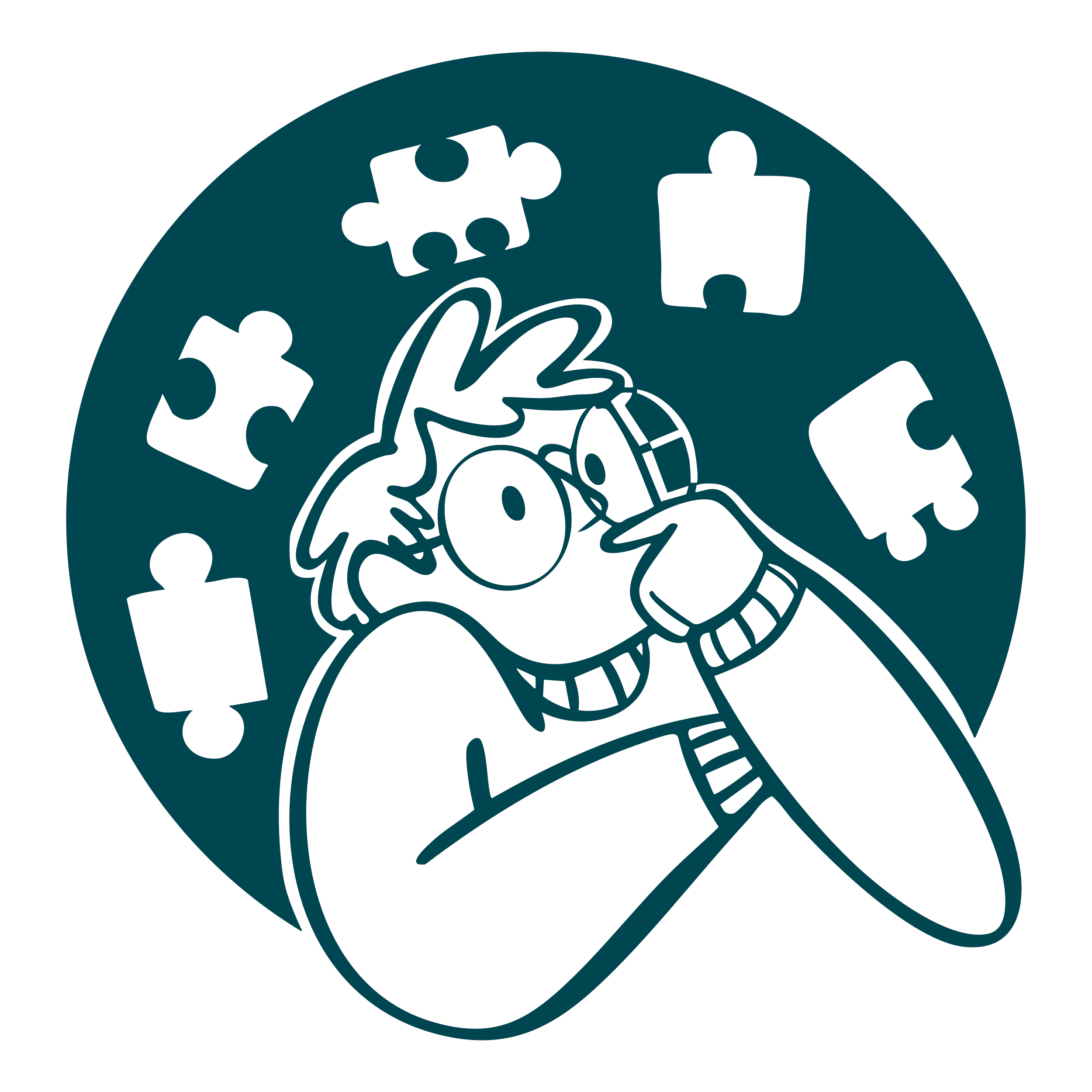 Outline drawing of a cartoon girl with blonde hair, glasses, and a striped shirt, holding her hand to her ear, with puzzle pieces floating around her head.