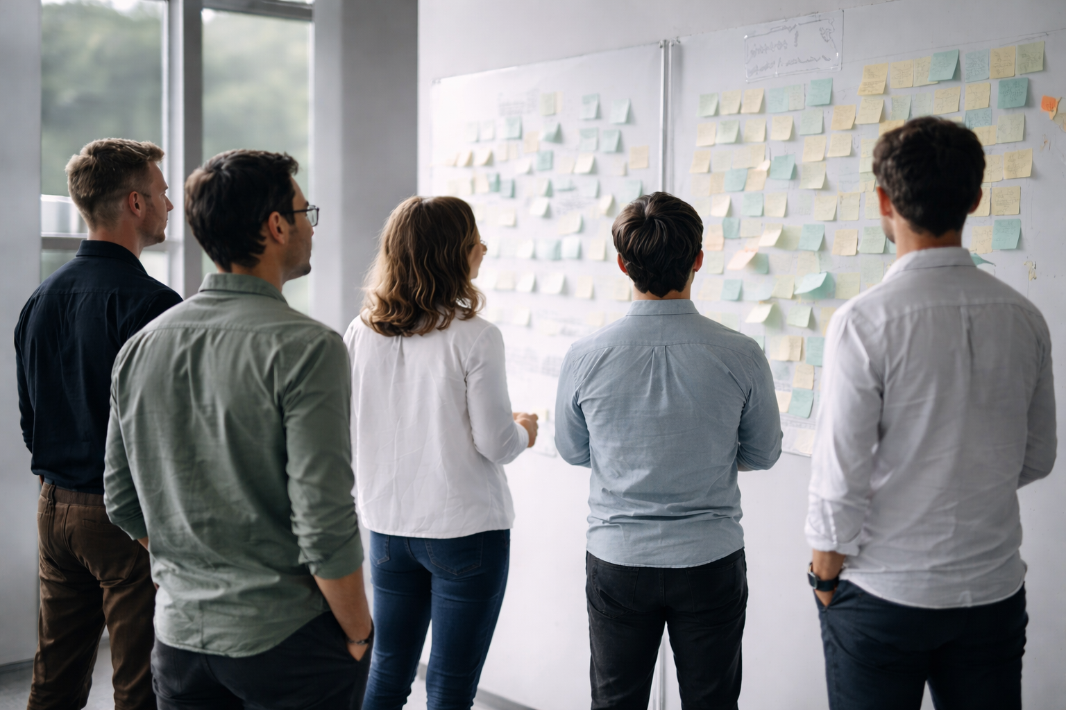 A group of five diverse professionals standing in front of a whiteboard filled with sticky notes in a modern office, engaging in a planning or brainstorming session.