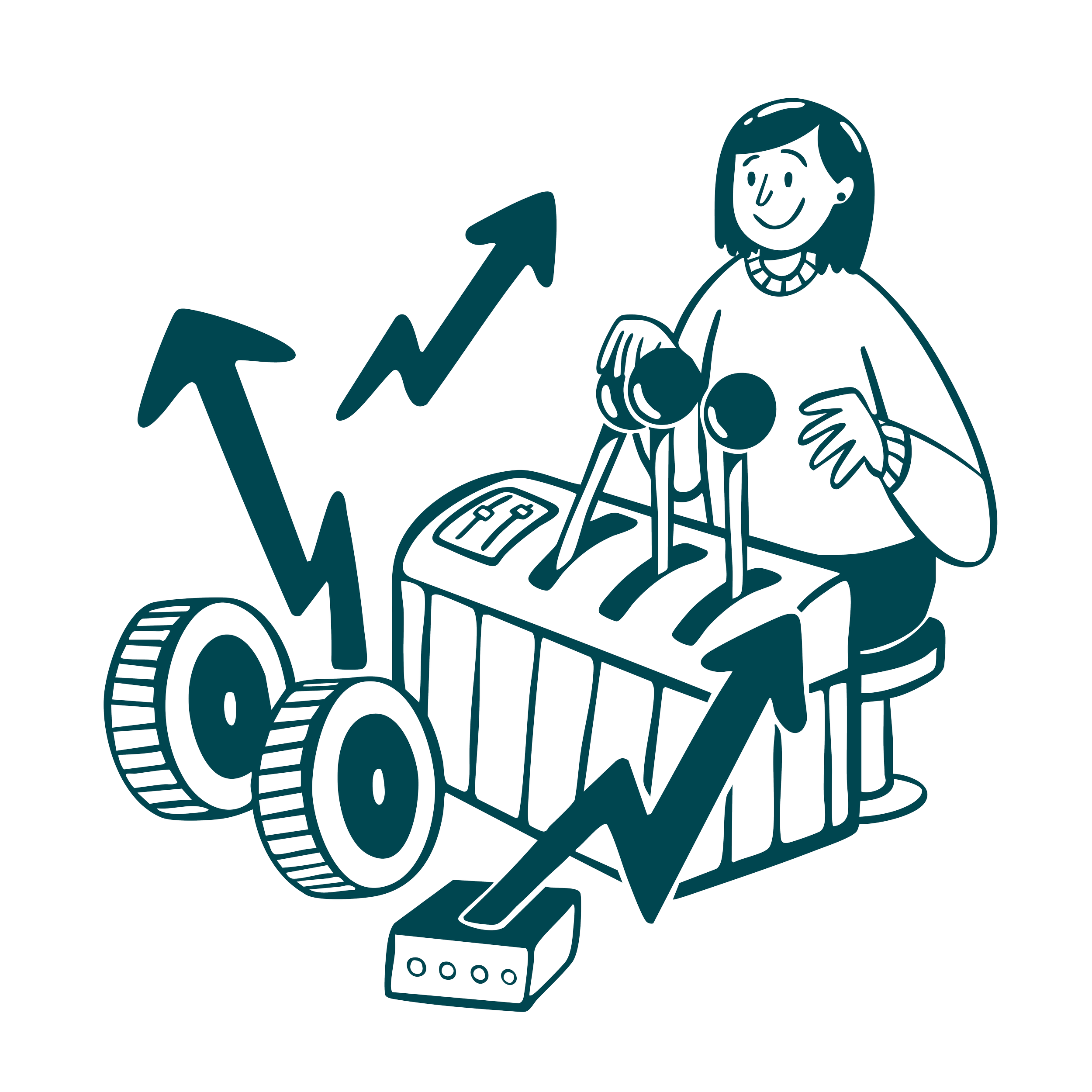 Line drawing of a woman with a child, a box with arrows and wheels, and upward trending arrows indicating growth or success.