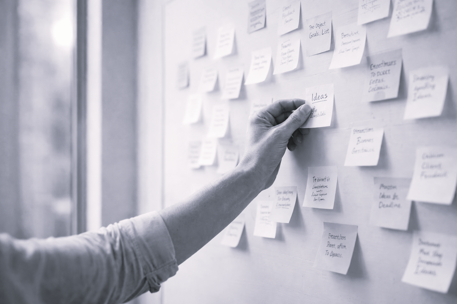 Close-up of a person's hand placing a sticky note on a wall filled with various sticky notes, some with handwritten text and some with printed text, in a brainstorming or planning session.