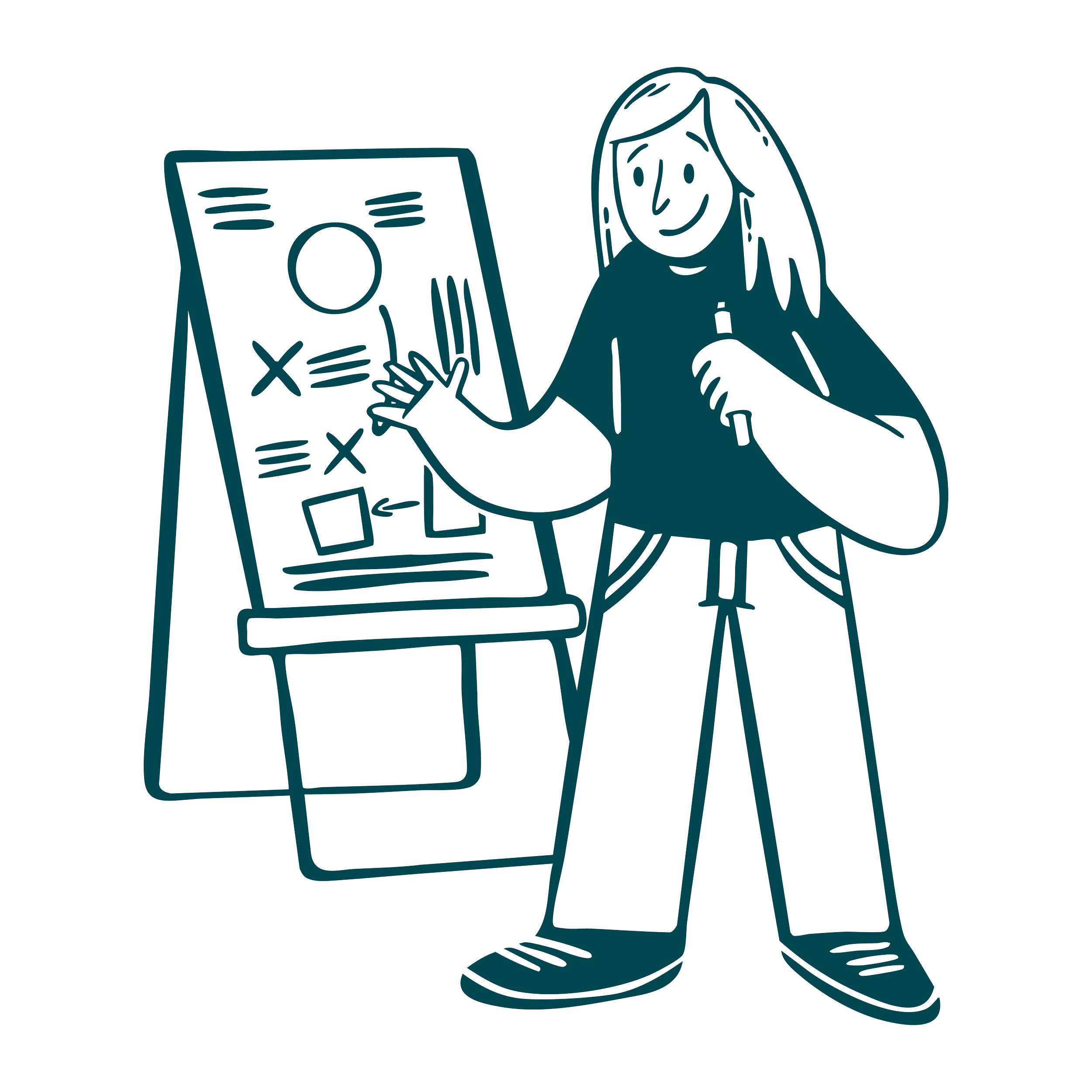 A person standing next to a large presentation board with a strategy diagram, pointing and presenting.