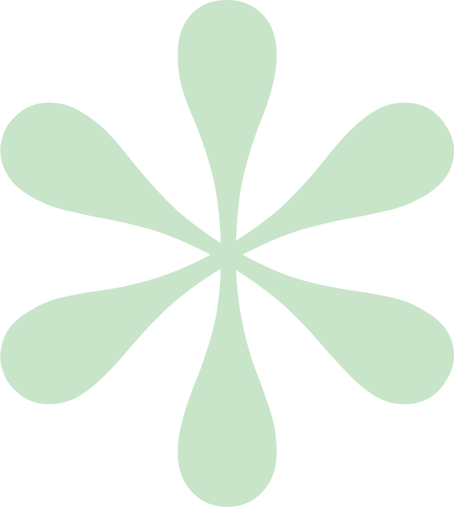 A light green, stylized plant or leaf shape with multiple elongated, rounded petals or leaf-like structures radiating from a central point, set against a black background.
