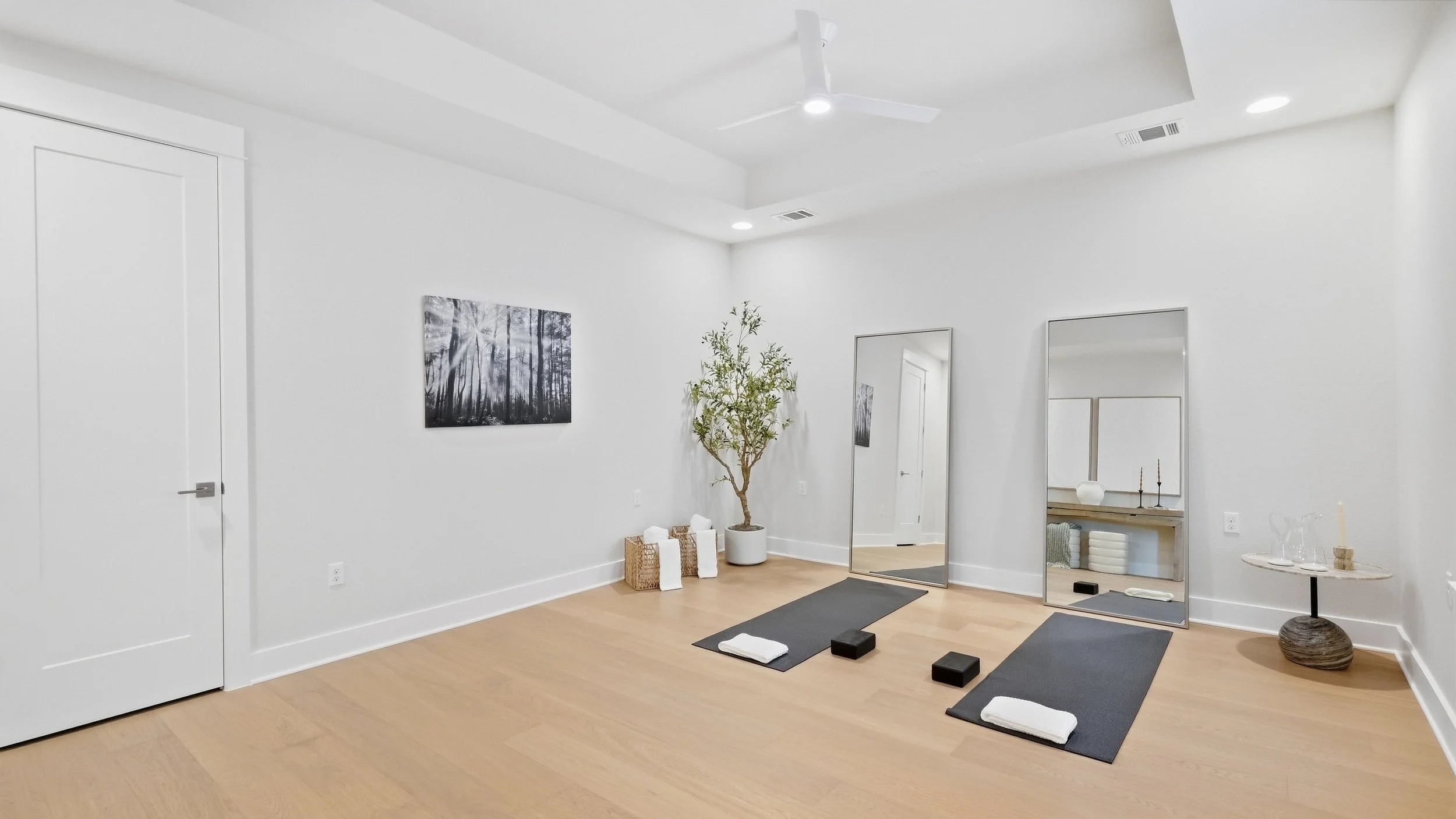 Yoga room staged with two mats, floor mirrors, and a potted olive tree.