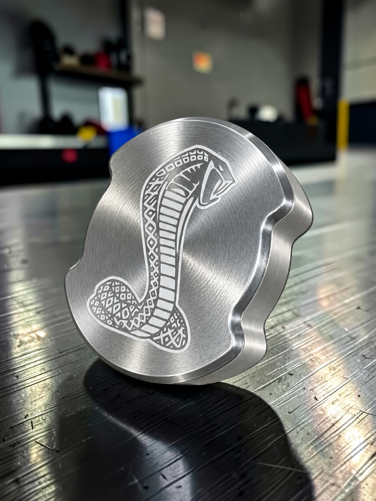 Billet oil cap in raw billet, laser engraved, colour preview