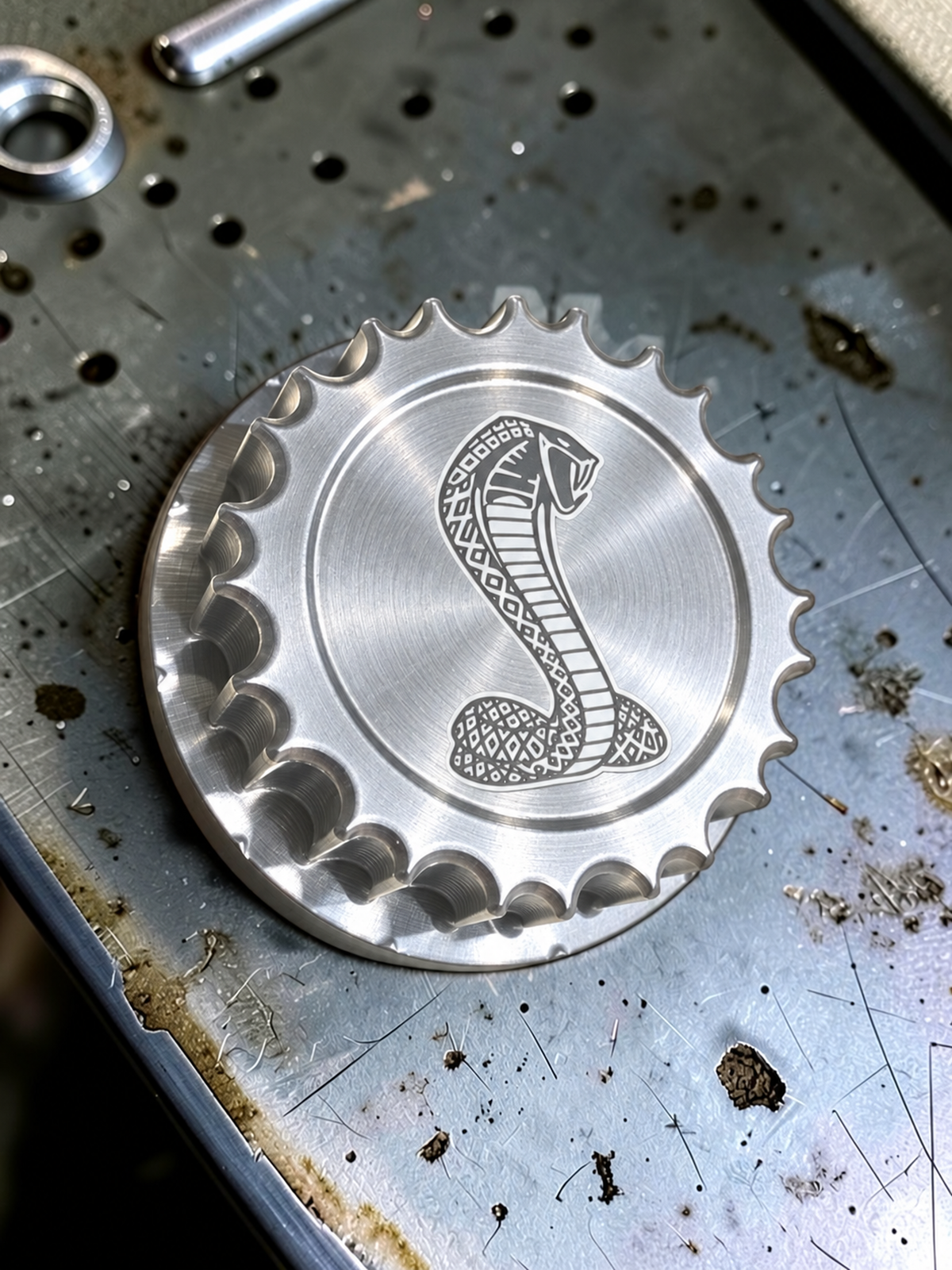 Scalloped billet coolant reservoir cap in raw billet finish, colour preview
