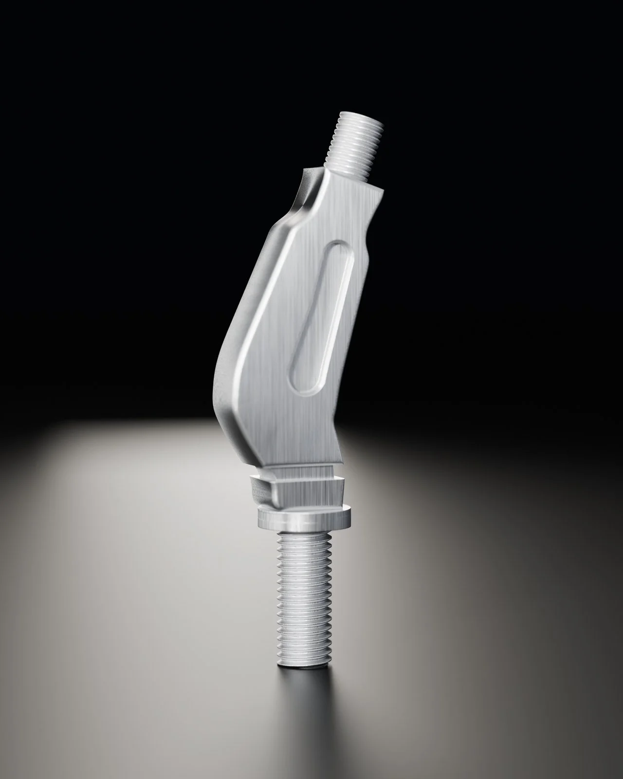 CAD render of the billet shift handle in brushed aluminum with clear anodize, front three-quarter view