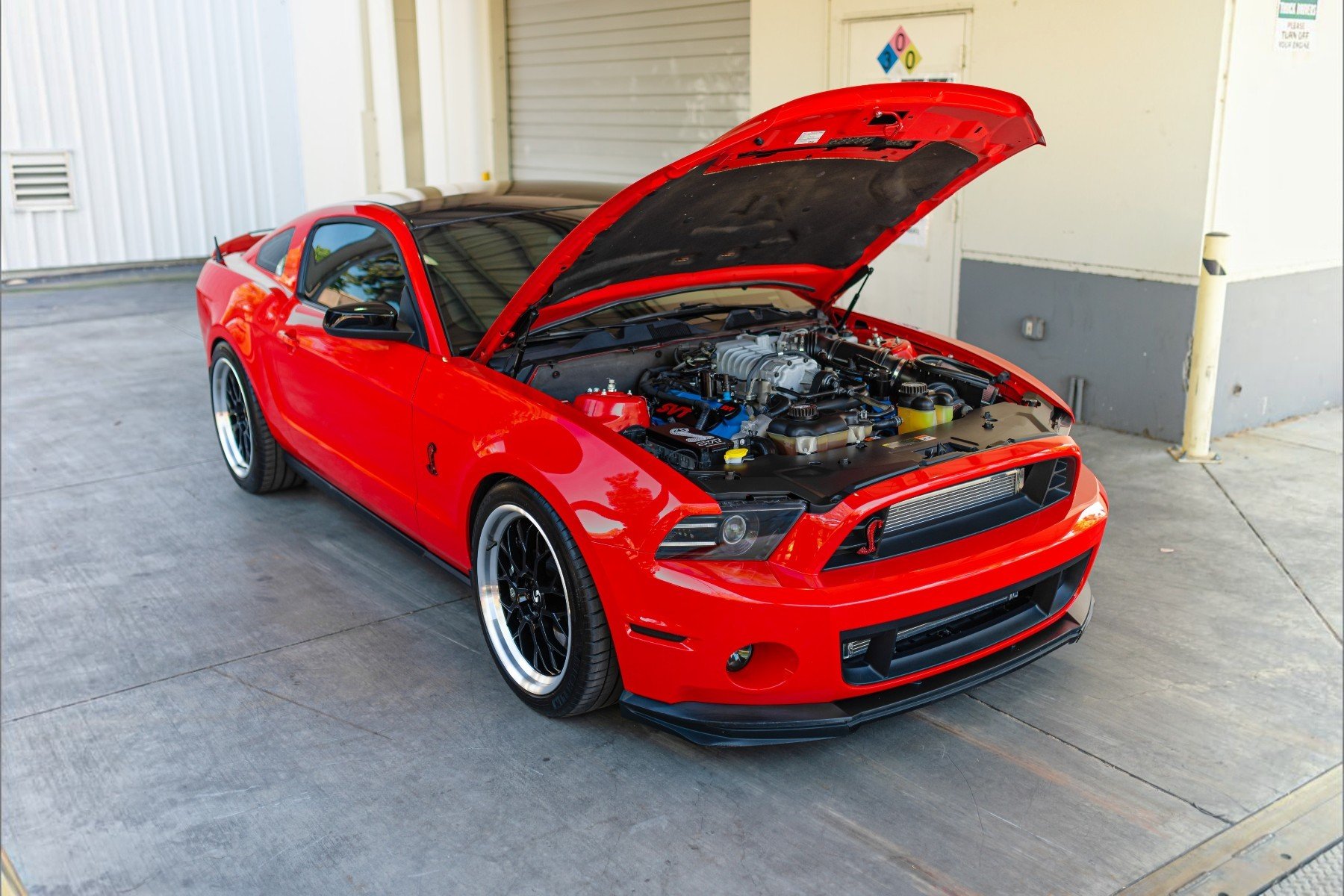 Red Shelby GT500 with SVT supercharged engine bay
