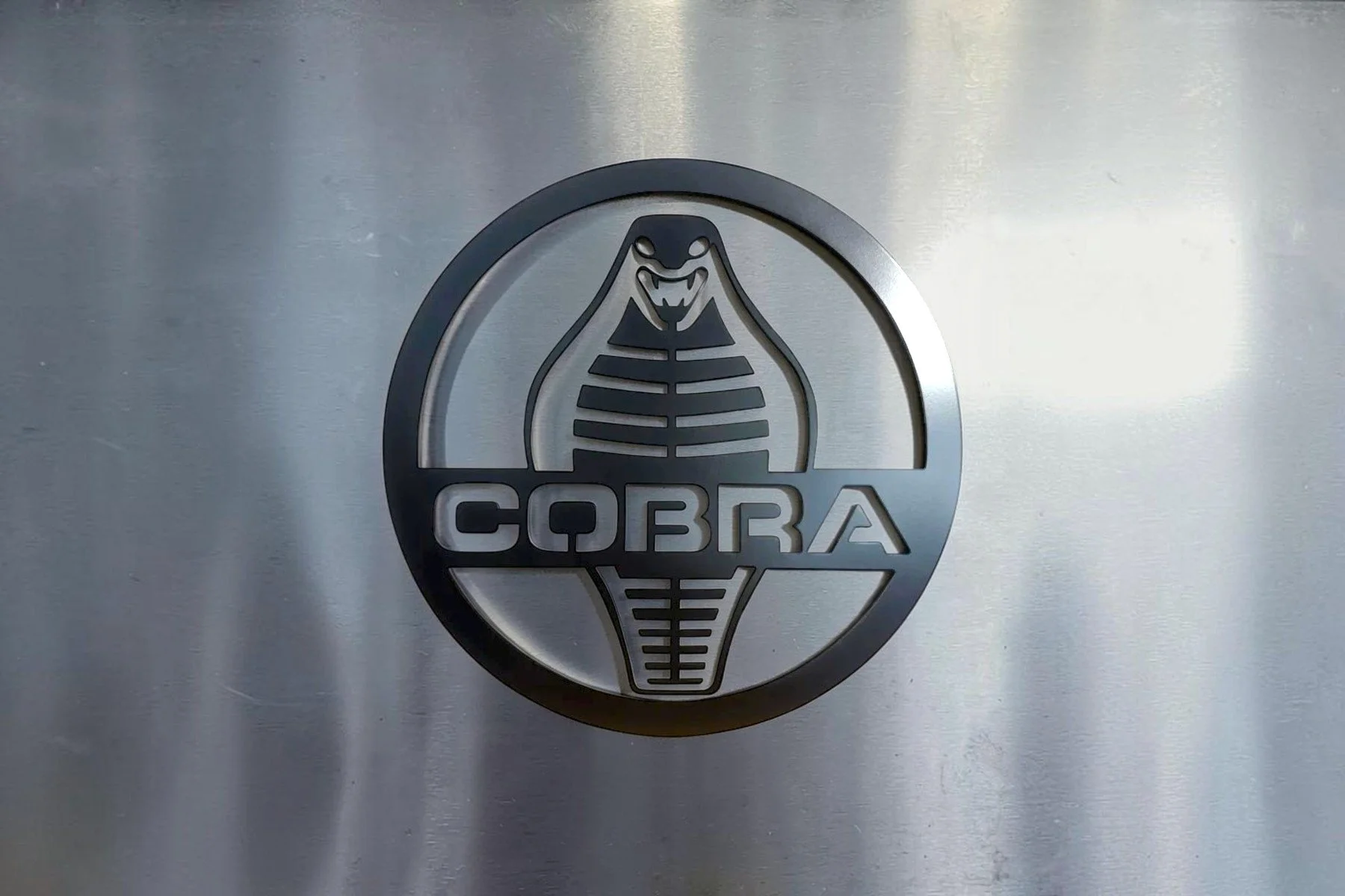 A metallic circular emblem with a stylized cobra snake illustration and the word 'COBRA' at the bottom, mounted on a metallic surface.