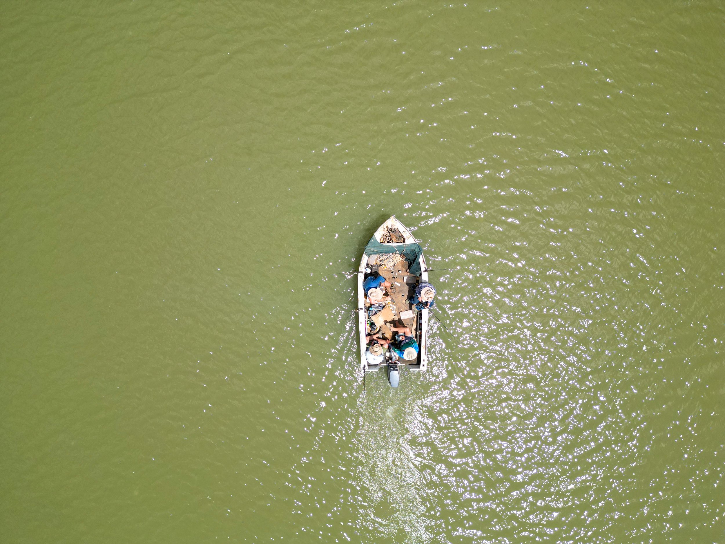 An aerial view of a small boat with people on board floating on green water.