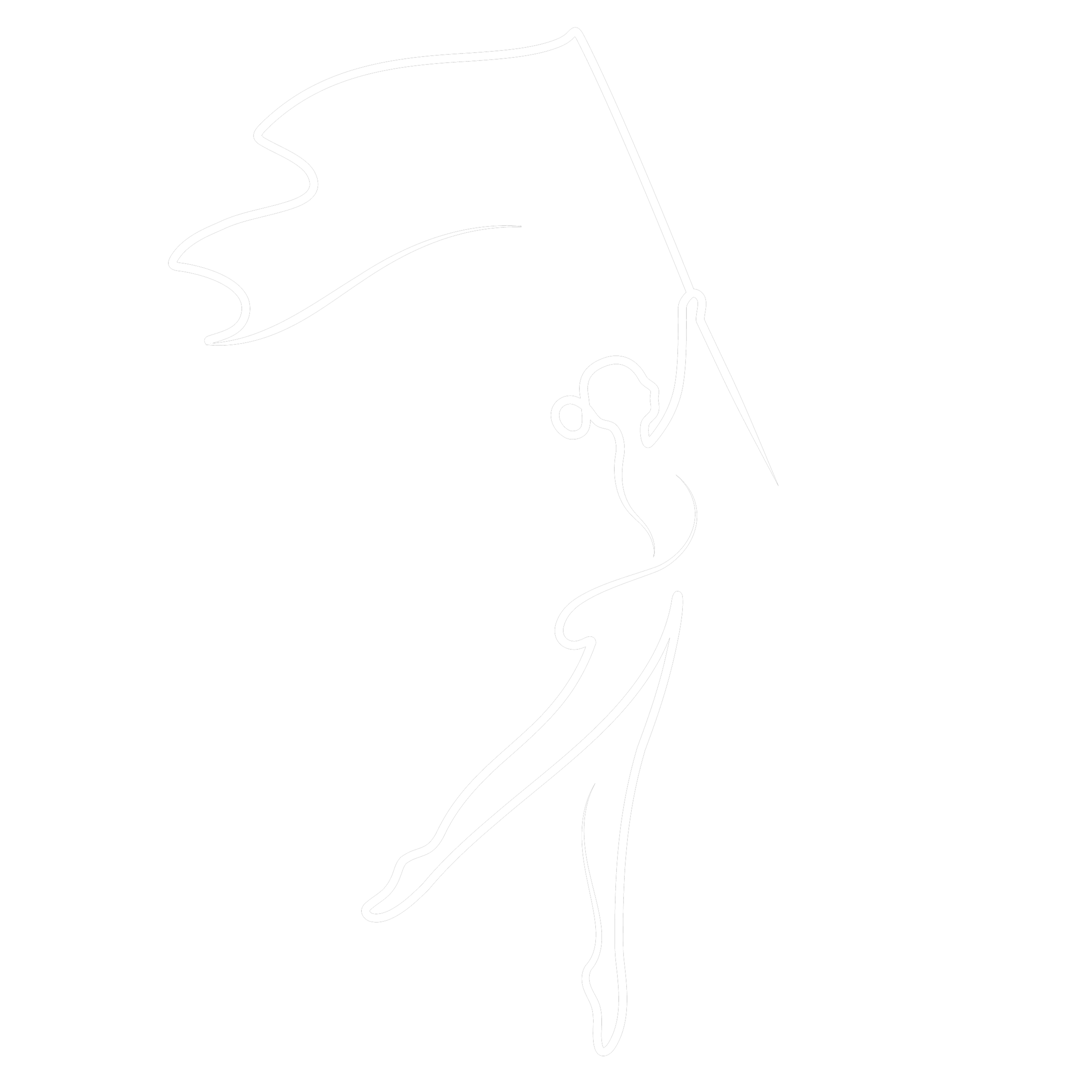 Line drawing of a person’s profile with wavy hair, nose, lips, and neck, with a small bird perched on the nose