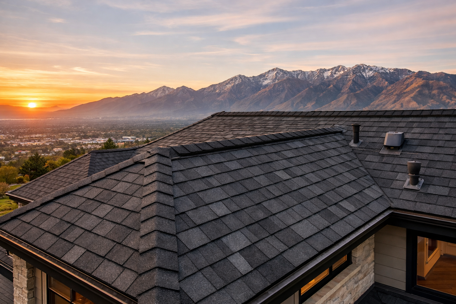 View of a house roof with asphalt shingles at sunset, mountains in the background, and a valley below.
