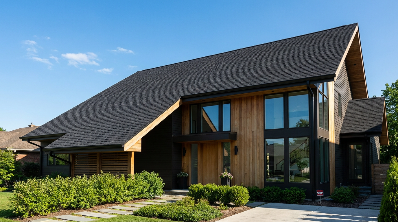 Modern house with large windows, wooden accents, and a landscaped front yard under a clear blue sky.