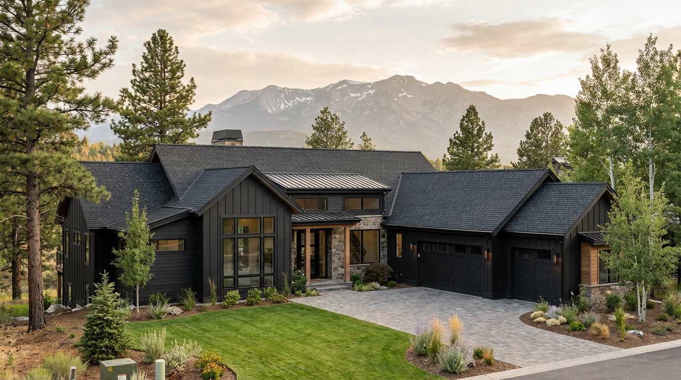 A modern house with dark exterior, large windows, surrounded by trees and landscaping, with mountains in the background.