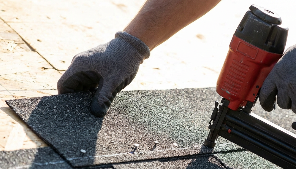 Person installing roofing shingles using a pneumatic nail gun on a wooden roof deck.