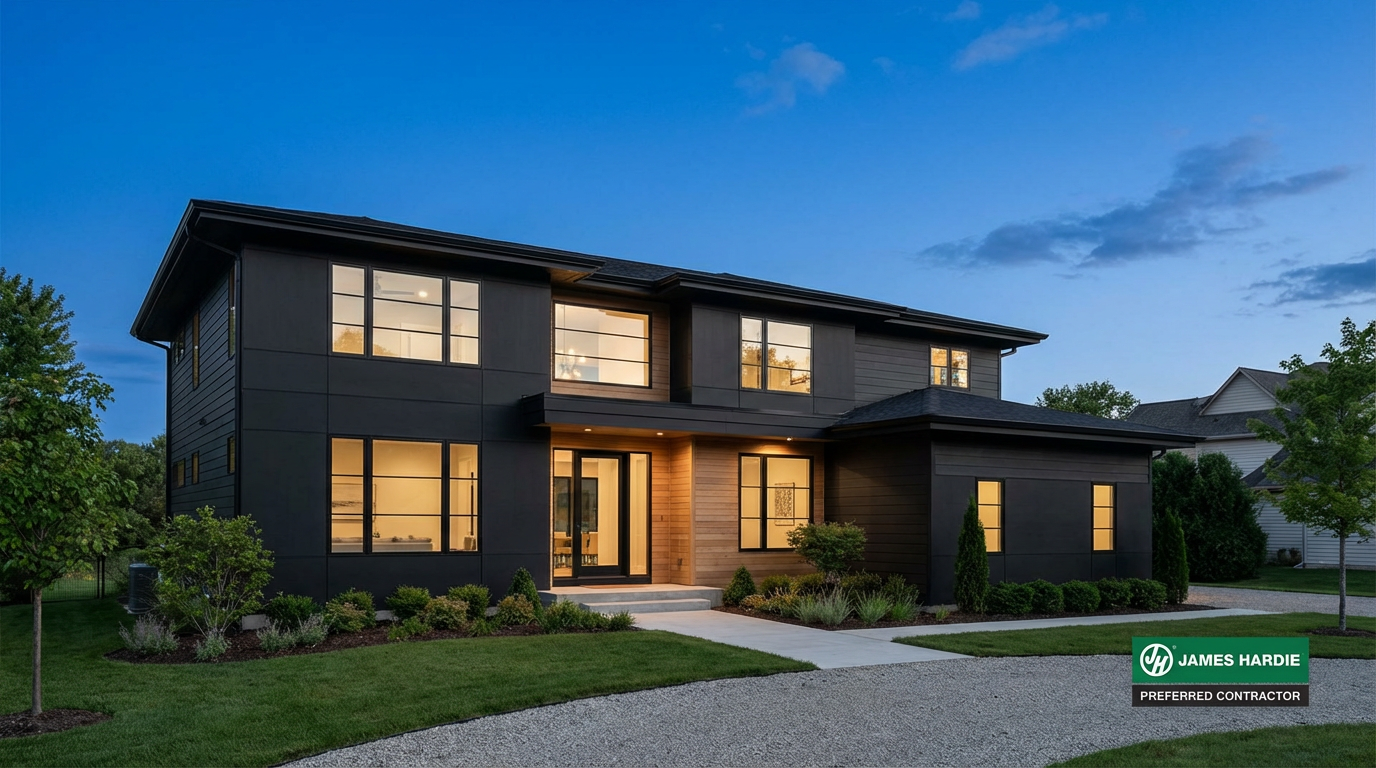 Modern two-story house with dark exterior, large windows, and landscaped yard at dusk, with the lights on inside.