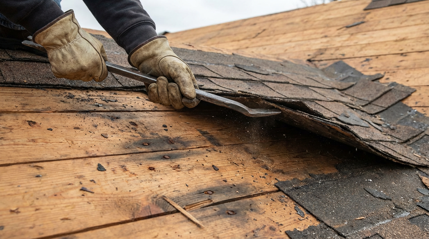 Person in work gloves repairing or replacing roof shingles on a wooden roof with a crowbar.