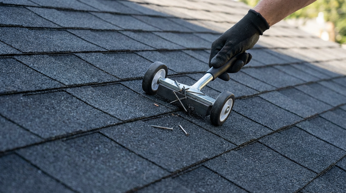 A person wearing a black glove using a roofing tool to secure shingles on a roof.