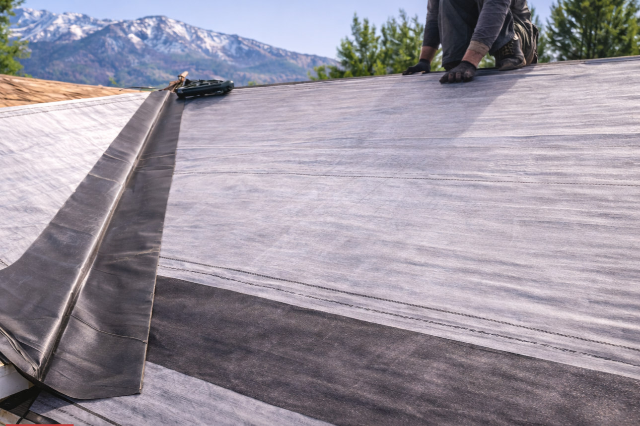 A person working on a roof, installing waterproof roofing material with mountains and trees in the background.