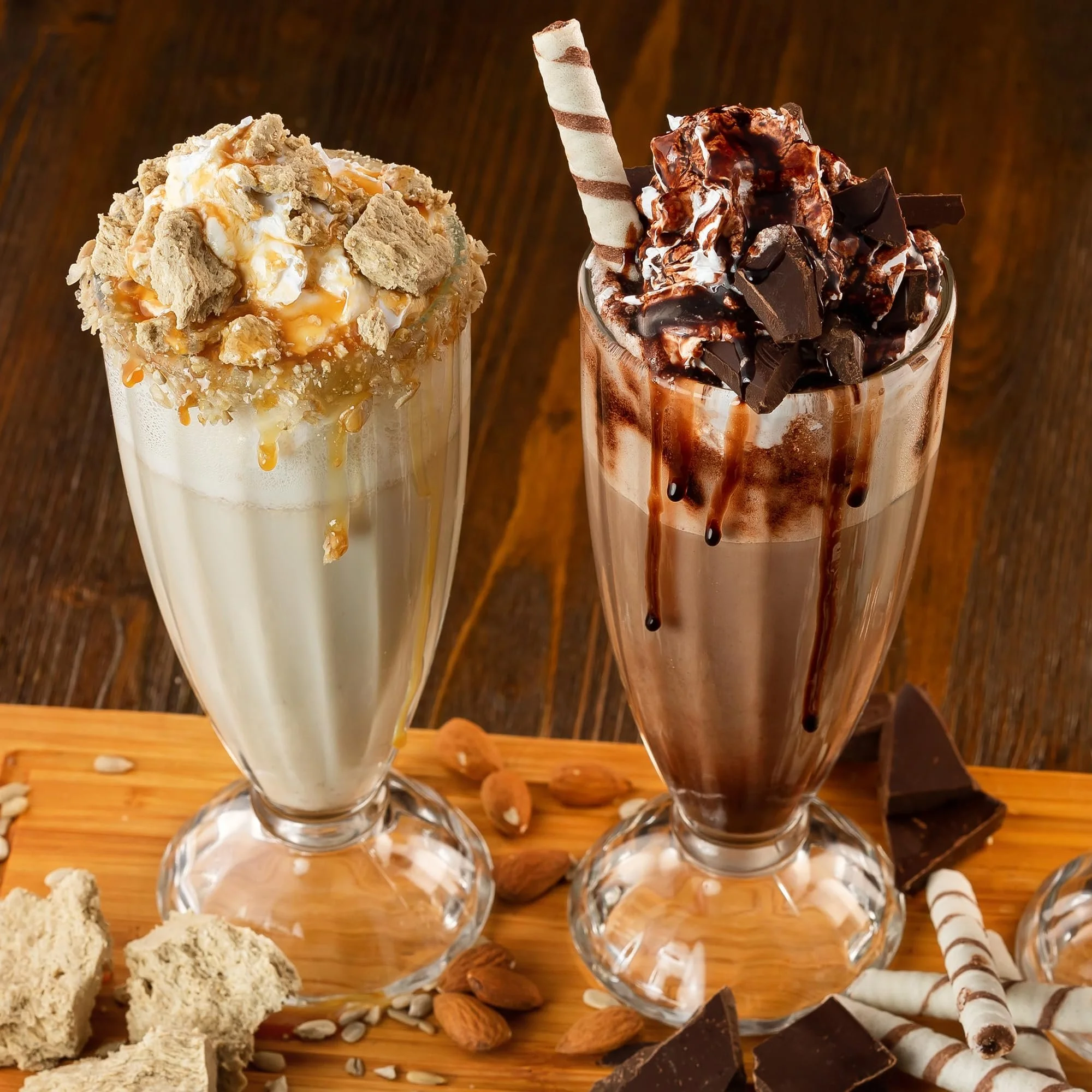 Two tall glasses of milkshakes, one topped with cookies and caramel, the other with chocolate and chocolate shavings, on a wooden surface with candy and nuts.